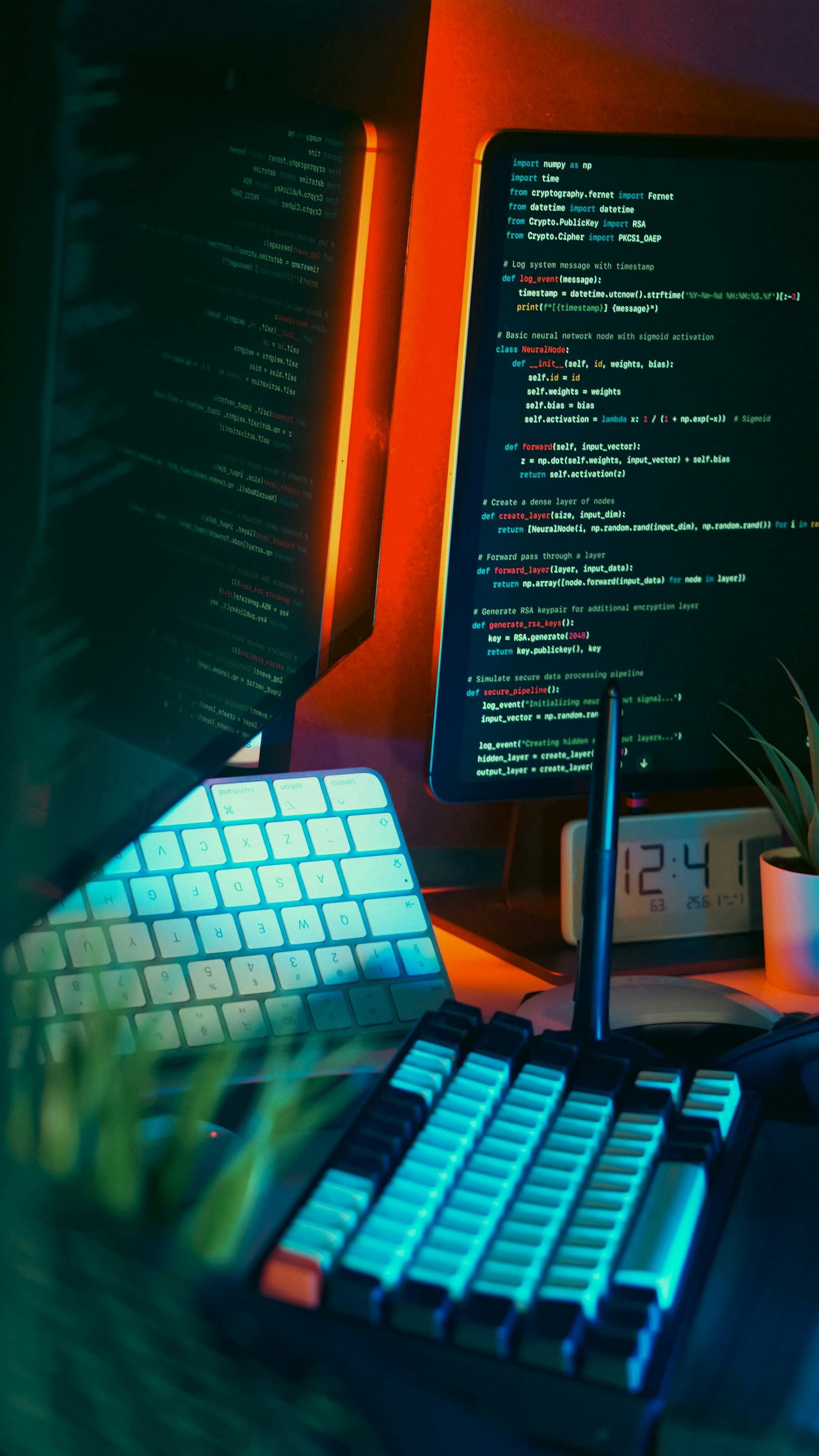 A developer workspace with multiple monitors and a keyboard