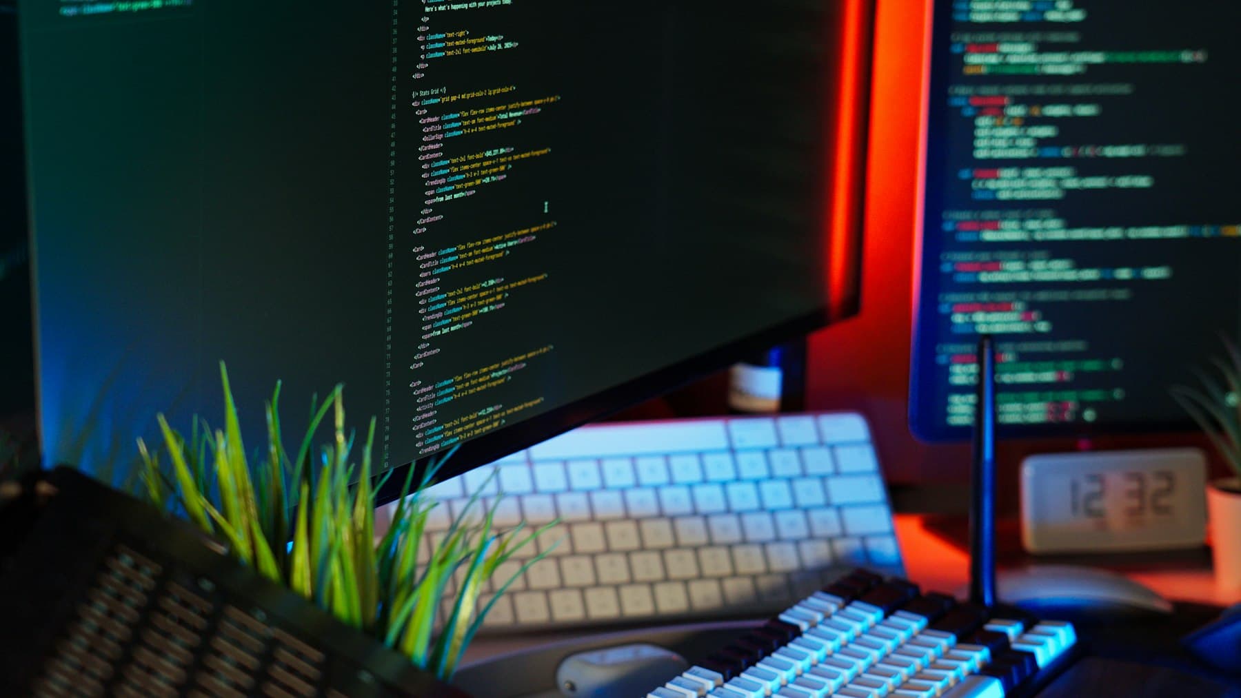 Screens showing code in a darkened workspace