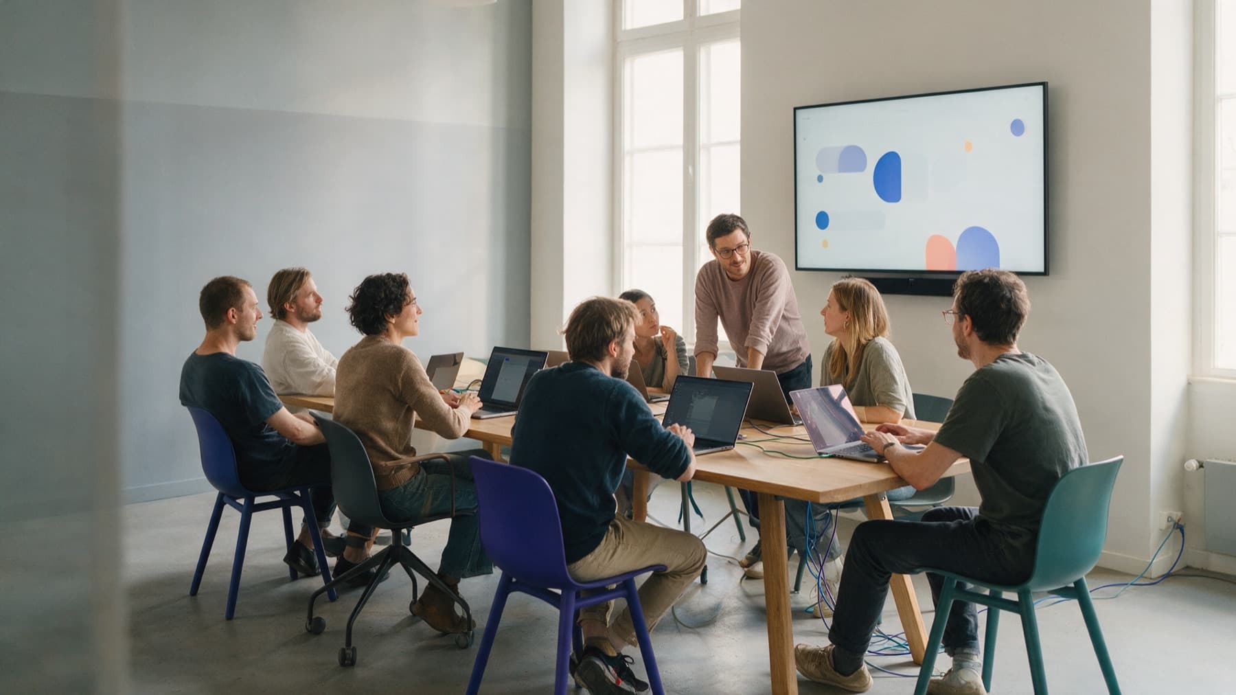 A studio team working together around a long table with laptops and a wall display